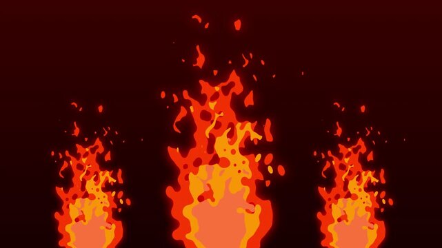 2D animated fire burning in three vertical columns on a dark background. Stylized cartoon flame effect for motion graphics, game design, and video overlays.