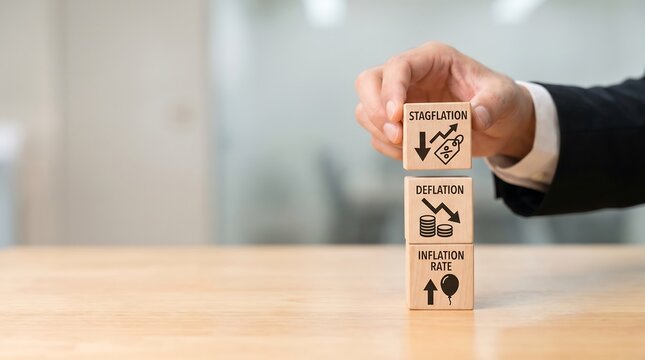 Businessman placing wooden block with stagflation concept on top of deflation and inflation rate blocks on desk in office