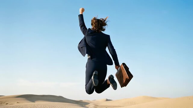 The back of a businesswoman raising her fist in joy in the desert.