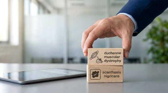 Hand holding wooden block with duchenne muscular dystrophy and acanthosis nigricans on office desk with tablet