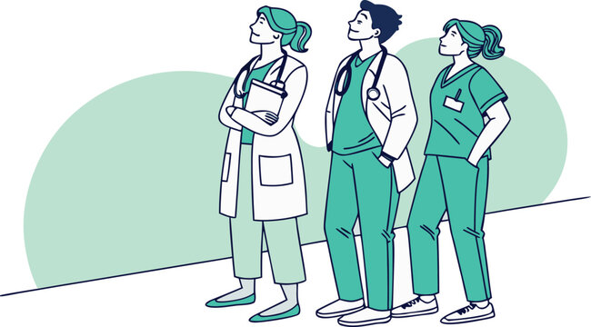Three medical professionals in scrubs and lab coats standing together looking up in unison