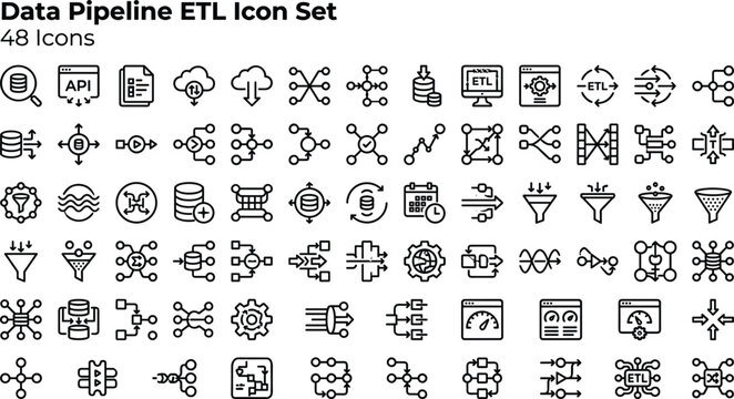 Data Pipeline ETL Icon Set Featuring Extraction, Transformation, Loading, Data Integration, Workflow Automation and Analytics Processing Concepts
