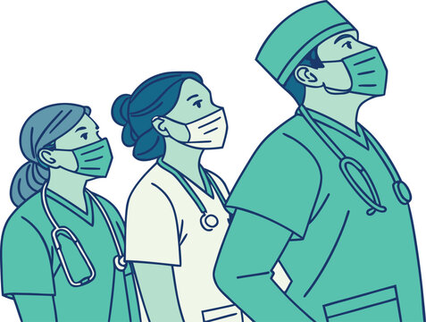 Three medical professionals wearing protective face masks and scrubs looking up in unison