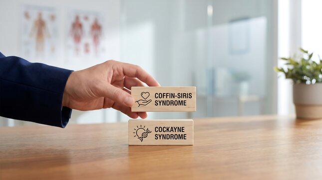 Hand holding wooden block with coffin siris syndrome text on a table with another block