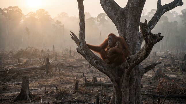 Orangutan resting on tree in deforested landscape at sunrise