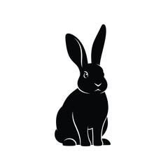 Obraz premium Black Silhouette of a Rabbit Sitting on White Background, Simple Illustration