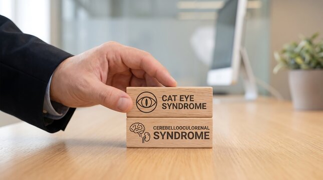 Hand holding wooden blocks with cat eye syndrome and cerebelloculorenal syndrome text on desk in office