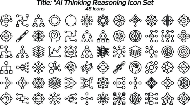 AI Thinking Reasoning Icon Set Featuring Neural Networks, Machine Learning, Data Processing, Cognitive Systems and Artificial Intelligence Concepts
