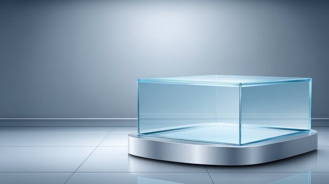 Transparent cube display case sits atop a metallic pedestal in a softly lit interior setting