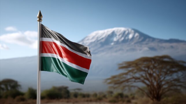 The Kenyan flag fluttering in front of Mount Kilimanjaro, symbolizing national pride and natural beauty. 