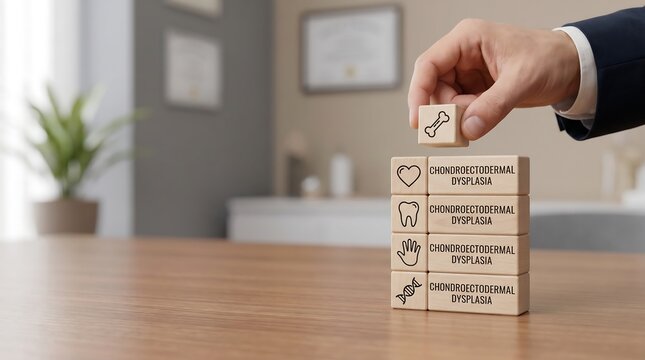 Hand placing wooden block with bone icon on top of stack of blocks with medical terms on a table in a room