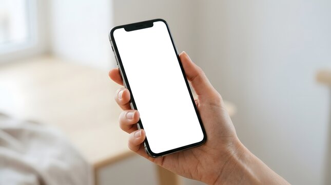 Close up of a hand holding a modern smartphone with a blank screen, perfect for displaying personalized content or app interfaces