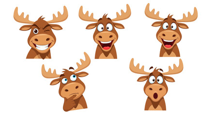 Fototapeta premium Funny Moose Emoticon Collection, Cartoon Animal Faces with Different Expressions