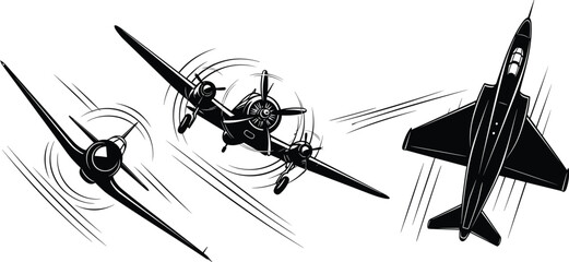 Vintage propeller aircraft silhouettes in dynamic flight angles with motion lines aviation retro transport illustration set © SREEMOTISHAMOLI