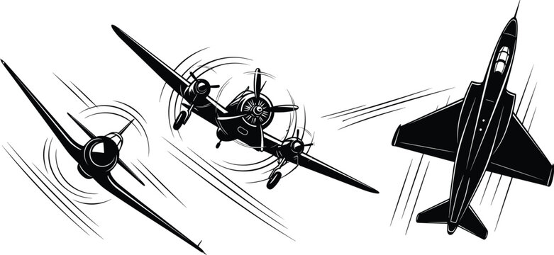 Vintage propeller aircraft silhouettes in dynamic flight angles with motion lines aviation retro transport illustration set