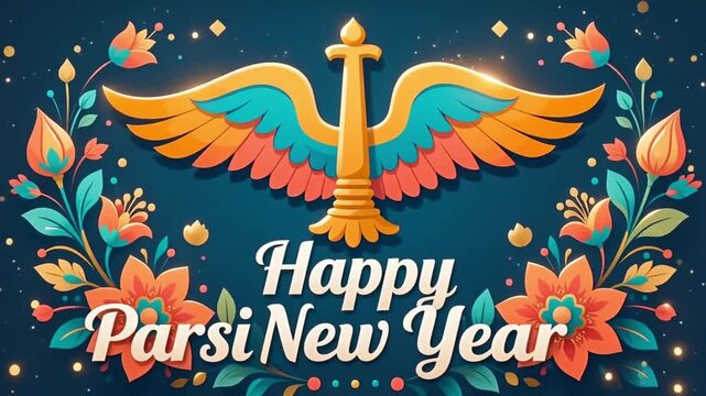 Parsi New Year Faravahar &mdash; Golden Zoroastrian Symbol with Happy Parsi New Year