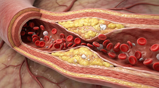 A cut through an artery shows cholesterol buildup and red blood cells flowing through.