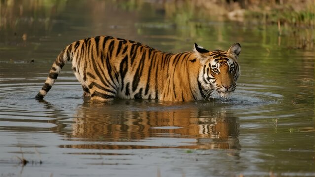 A Bengal tiger wading through shallow water in a natural habitat, reflecting its striped coat on the surface.