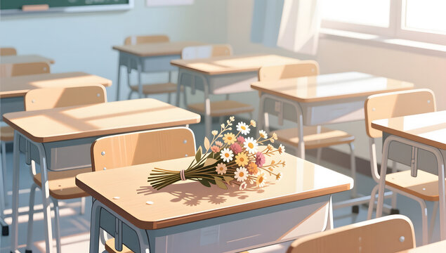 Healing graduation illustration of sunlight on a school desk