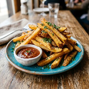 Crispy hand-cut potato french fries seasoned with herbs and salt served with spicy tomato dipping sauce on blue plate 