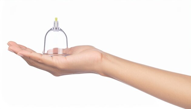 Female Hand Presenting Clear Cupping Therapy Cup Isolated on white