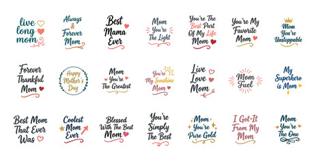 Naklejka premium Bundle of Mother's Day text designs and funny quotes Hand drawn vector labels featuring Mom Fuel, My Superhero is Mom, and You're My Sunshine Typography badges with lightning bolts, suns, and crowns
