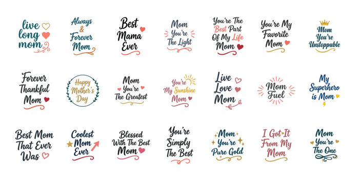 Bundle of Mother's Day text designs and funny quotes Hand drawn vector labels featuring Mom Fuel, My Superhero is Mom, and You're My Sunshine Typography badges with lightning bolts, suns, and crowns