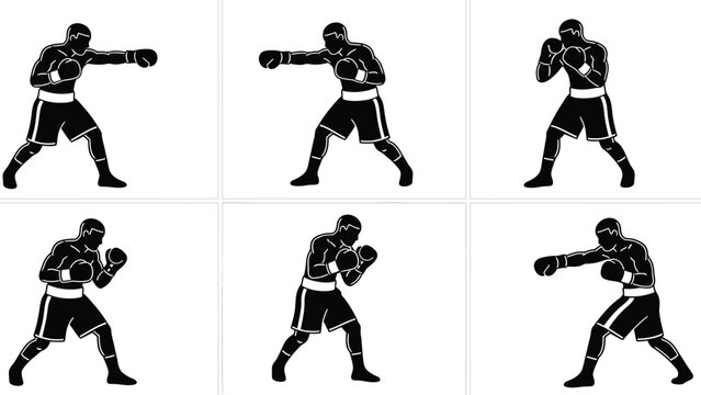 Silhouette of a boxer in various fighting stances and punches, isolated on white background.