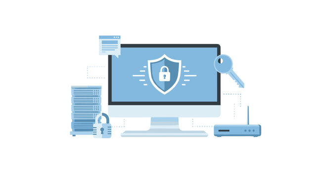 A desktop computer monitor displaying a digital security shield and padlock icon connected to a server rack and router in a tech-focused workspace setting.