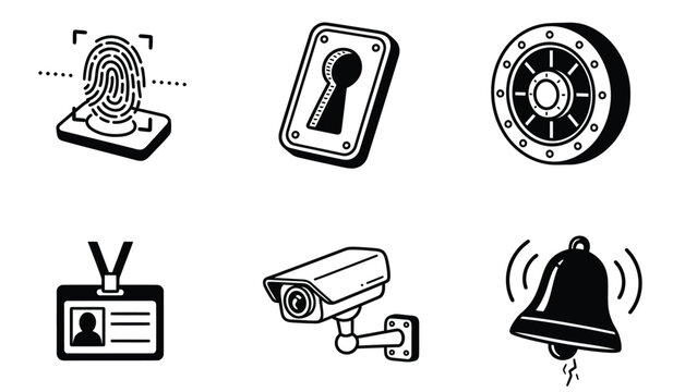 Set of security icons including fingerprint scanner, keyhole, safe, ID card, CCTV camera, and alarm bell.
