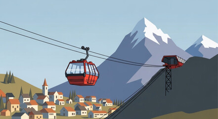 Cable car transporting people up a mountain with a village below. © Andra