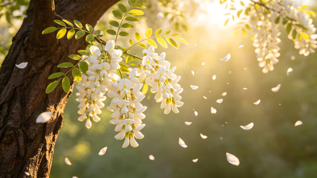 Snow-white locust flowers blooming on branches in early summer breeze