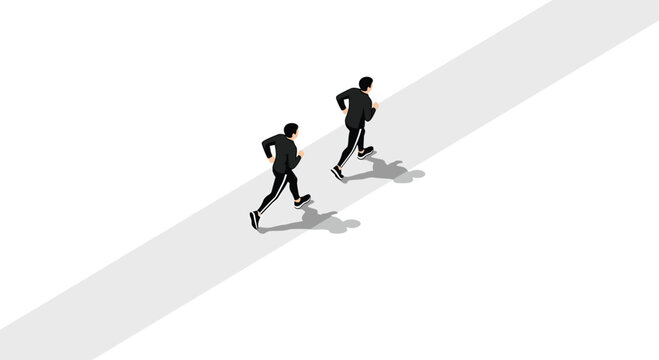 Two male figures dressed in matching black athletic gear sprinting along a smooth light-gray path while casting sharp shadows onto the ground in an isometric view.