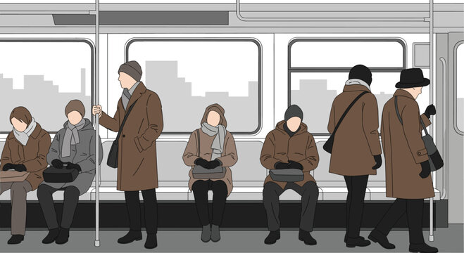 People wearing brown winter jackets sit and stand inside a subway train carriage while commuting through an urban landscape depicted in a flat artistic style.