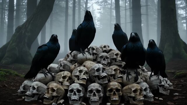 Ravens Perched on Human Skulls in a Foggy Gothic Forest
