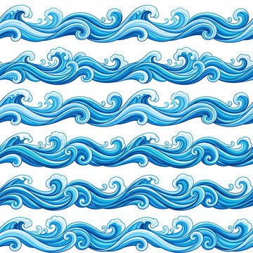 The beautiful blue ocean waves are crashing in a seamless pattern on the shore.
