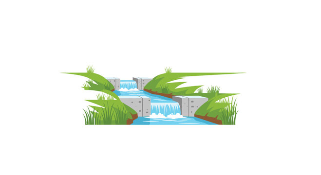 A small artificial water stream flows across two concrete stepped ledges into a grassy field under a bright outdoor sunlit environment with a soft blue water tone.