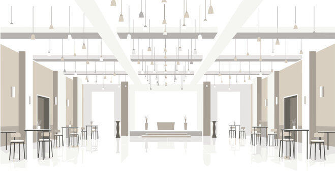 A spacious and modern banquet hall featuring a central stage, neat rows of guest tables, and a dense ceiling grid of hanging pendant lights creates a clean, elegant event space.