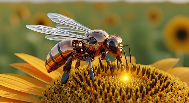 Robotic bee standing on a large sunflower in a field collecting data with its metallic body and transparent wings shining in the sunlight.