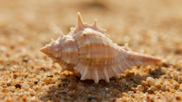 A close-up of a spiral seashell resting on sandy beach
