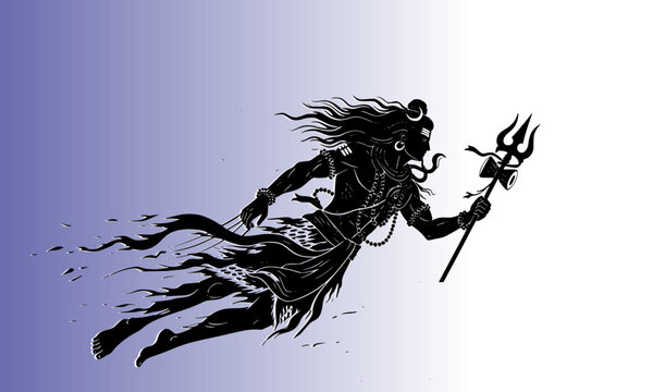 Lord Shiva fierce silhouette holding a trident in a dynamic pose, a powerful symbol of Hindu mythology, cosmic energy, and divine destruction revered across India