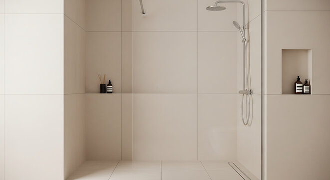 Sleek minimalist walkin shower with large beige tiles chrome rain shower head and recessed wall niches. Minimalist Interior Design