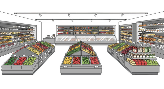 A detailed digital drawing of a modern grocery store interior with refrigerated meat displays and central produce islands featuring overhead track lighting systems.