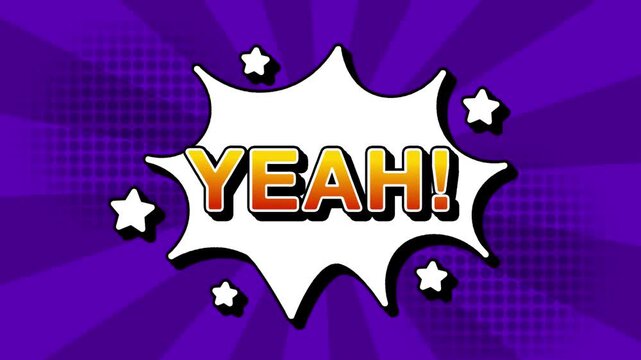 Yeah text word lettering popup comic cartoon reveal with bomb and smoke explosion manga anime book page dots with radial speed lines doodle purple background with seamless loop animation retro clip