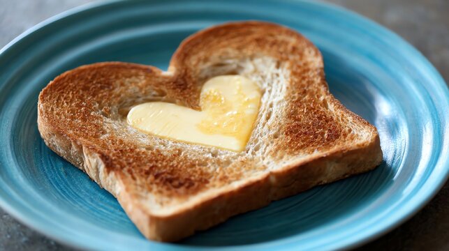 A slice of toast on blue plate with a heart shaped piece of butter on 