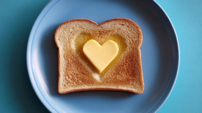 A slice of toast on blue plate with a heart shaped piece of butter on 