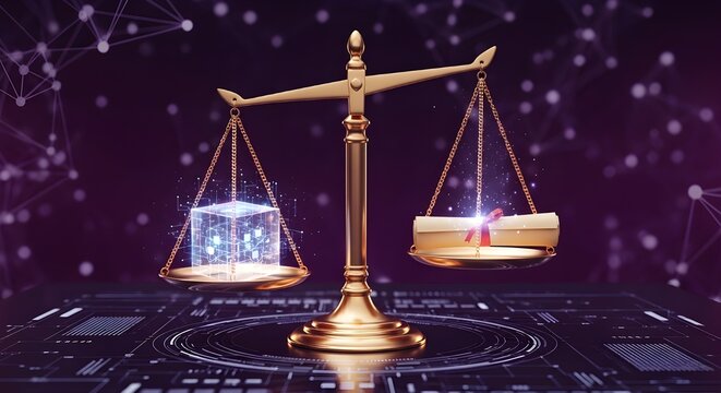 Gold scale balancing a glowing digital cube and a rolled parchment with a red ribbon on a circuit board background with purple hue