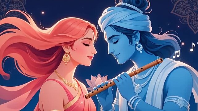 Radha Krishna Love &mdash; Divine Couple with Flute and Music Notes