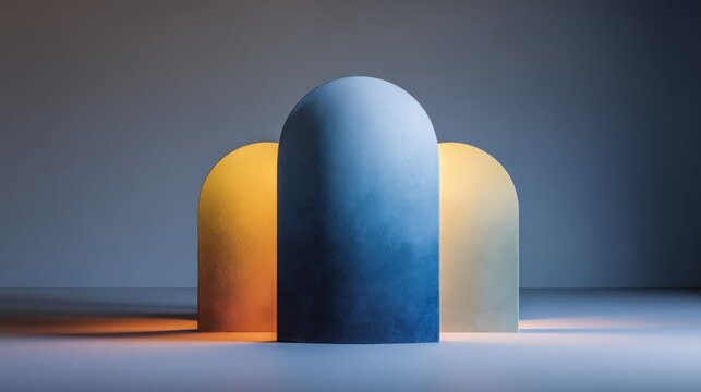 Three minimalist architectural elements with rounded tops glow with vibrant contrasting colors