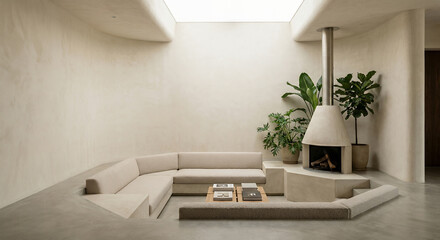 Obraz premium A minimalist living room with a sunken sectional sofa, a modern fireplace, and lush green plants, creating a serene and inviting atmosphere.